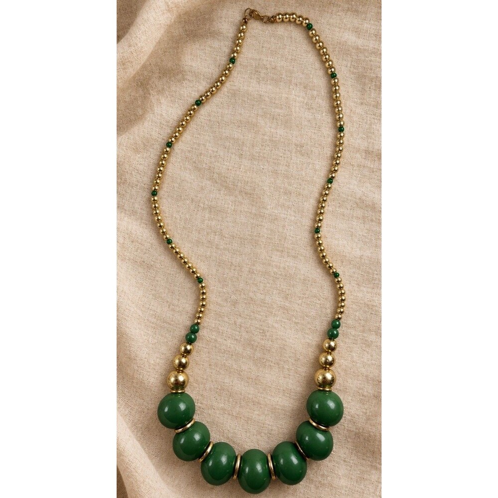 Vintage Forest Green Beaded Necklace Gold Tone Chunky Statement Jewelry
